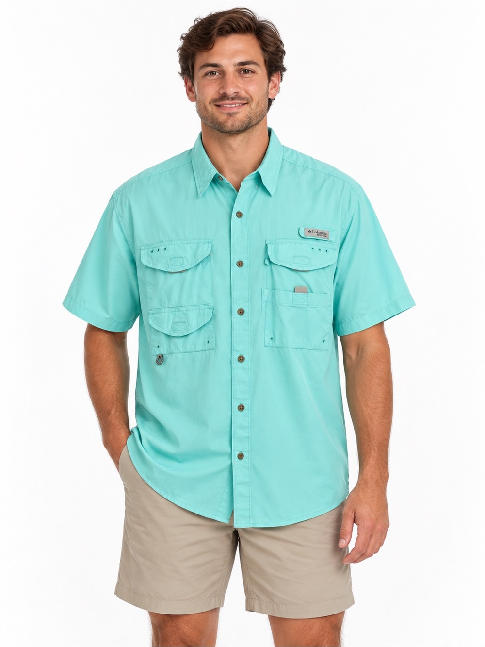 Columbia | PFG Fishing Shirt Mint Aqua Short Sleeve Button Front Sz S EUC
